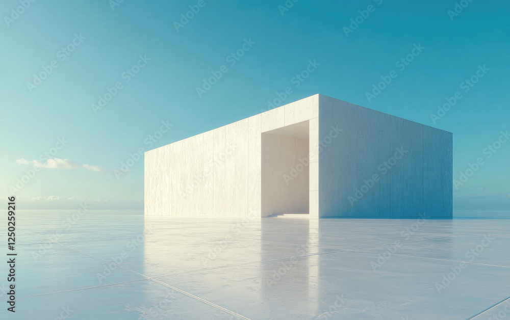 Minimalist white cube building, open doorway, ocean view, sunny day, architectural design Minimalist white cube building, open doorway, ocean view, sunny day, architectural design