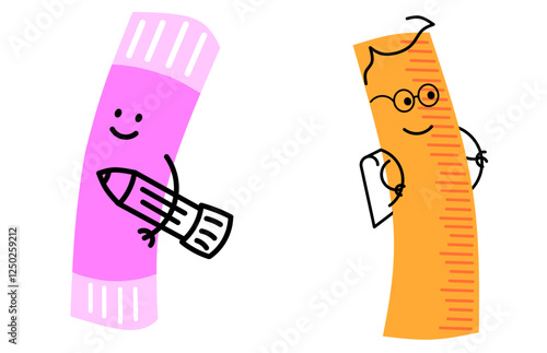 Books, pencils and other stationery.Isolated on white background. School supplies set, back to school or study concept, cute cartoon characters, Kids vector flat illustration about education