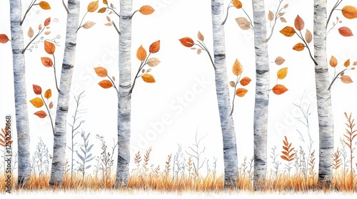 Autumn Birch Trees Watercolor Painting With Yellow And Orange Leaves