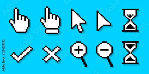 Pixel pointer cursor сomputer mouse icon set. Pixel clicking cursor, pointing hand clicks, arrows, hand click pointers, Magnifying Glass, hourglass, check mark, cross mark. Vector Illustration.