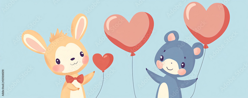 Adorable illustration of a rabbit and bear holding heart balloons in pastel colors. Adorable illustration of a rabbit and bear holding heart balloons in pastel colors.