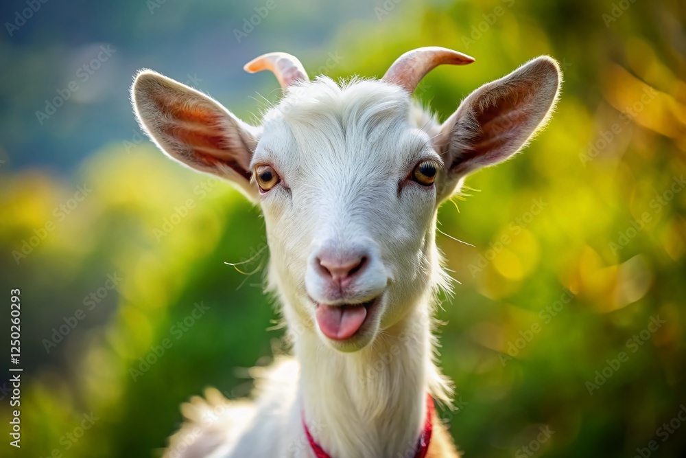 Playful White Goat Sticking Out Tongue, Bokeh Background, Farm Animal Portrait Playful White Goat Sticking Out Tongue, Bokeh Background, Farm Animal Portrait