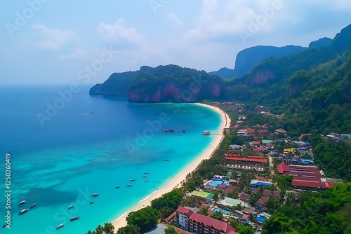 Fototapeta Naklejka Na Ścianę i Meble -  Aerial view of beautiful beach with turquoise sea and rocks