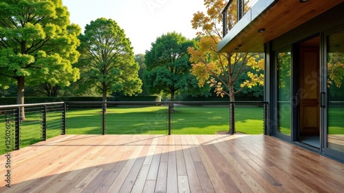 Serene Deck Overlooking Lush Green Landscape with Modern Glass Doors