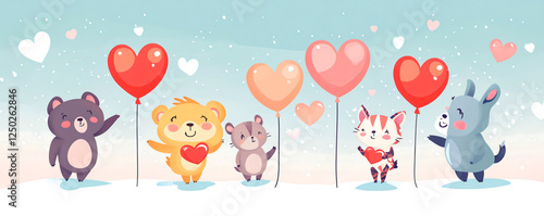 A cute illustration of animals celebrating love with heart-shaped balloons.