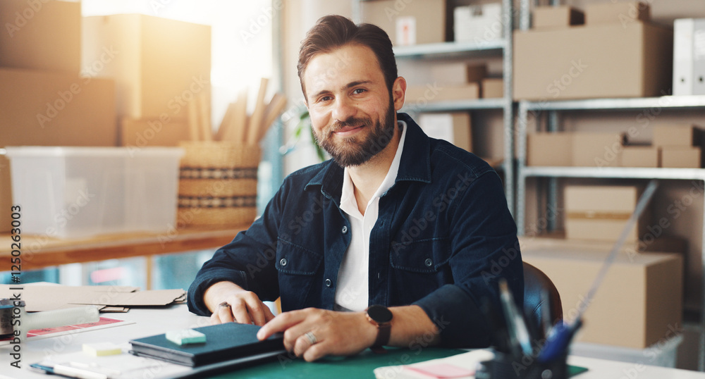 Man, smile or portrait in small business for logistics, supply chain or distribution. Entrepreneur, distributor or boxes in storage for export process, startup growth or stock inventory for ecommerce