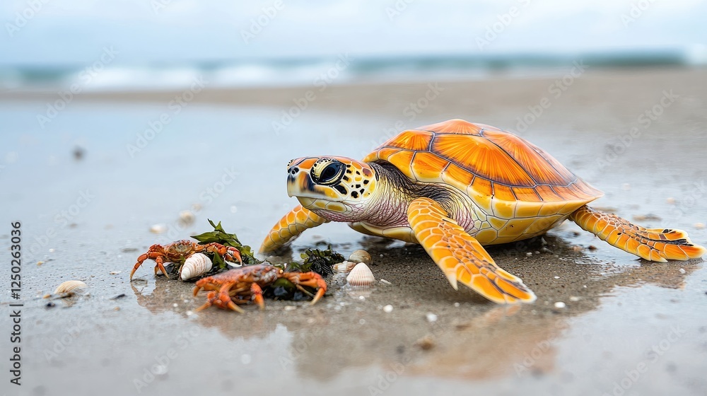 A vibrant sea turtle exploring a sandy beach, encountering crabs and seaweed, under a cloudy sky A vibrant sea turtle exploring a sandy beach, encountering crabs and seaweed, under a cloudy sky