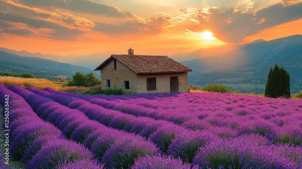 Serene sunset over lavender fields with a rustic house in the background, evoking tranquility Serene sunset over lavender fields with a rustic house in the background, evoking tranquility