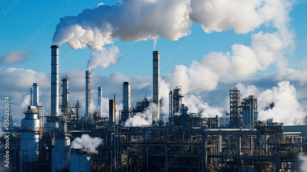 Industrial complex with smoke stacks emitting vapor against a blue sky. Industrial complex with smoke stacks emitting vapor against a blue sky.