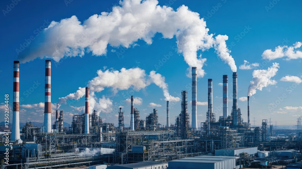 Industrial complex with smokestacks emitting clouds against a blue sky. Industrial complex with smokestacks emitting clouds against a blue sky.