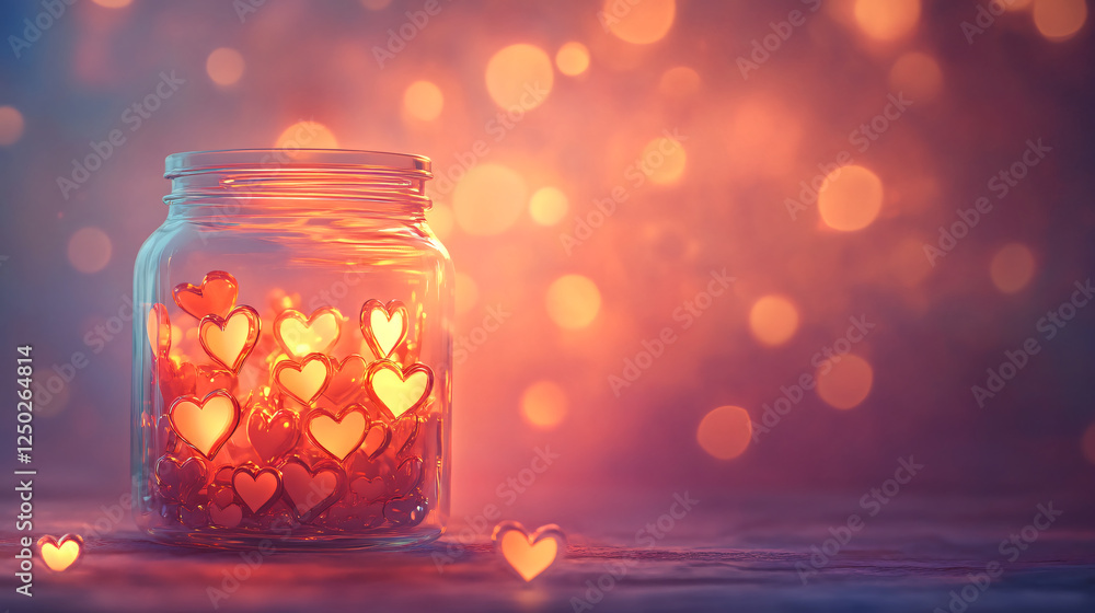 A glowing jar filled with heart-shaped lanterns, creating a romantic atmosphere. A glowing jar filled with heart-shaped lanterns, creating a romantic atmosphere.