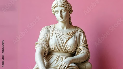 Classical statue representing a Greek goddess seated gracefully against a vibrant pink background