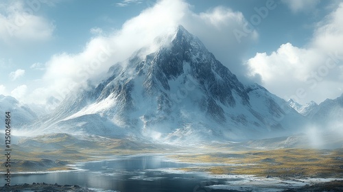 Majestic snow-capped mountain reflecting in a serene lake surrounded by lush valleys and clouds