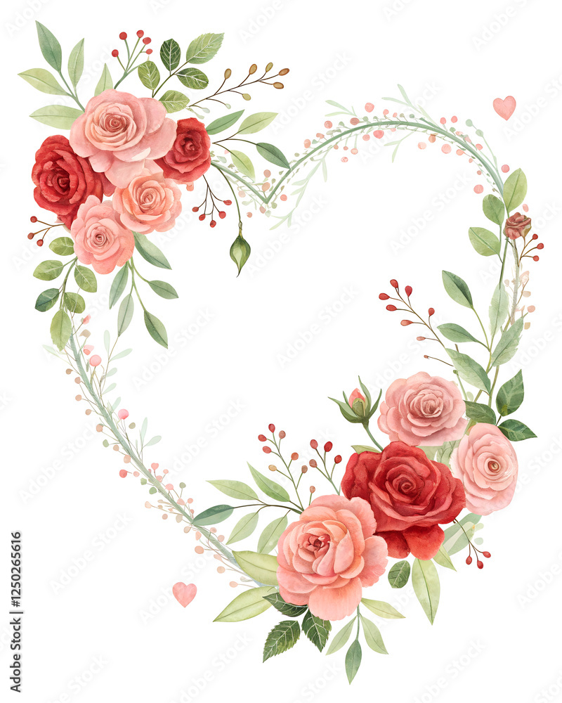 A delicate heart-shaped floral frame on a pure white background, crafted with soft pink and red roses, intertwined with greenery, perfect for romantic occasions. A delicate heart-shaped floral frame on a pure white background, crafted with soft pink and red roses, intertwined with greenery, perfect for romantic occasions.