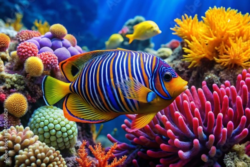 Fototapeta Naklejka Na Ścianę i Meble -  Regal Angelfish (Pygoplites diacanthus) swimming in vibrant coral reef, Red Sea, Indian Ocean - Stock Photo