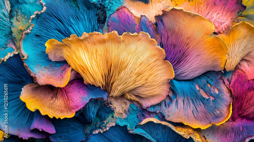 close-up image of natural colorful mushroom fungi with detailed spores photo