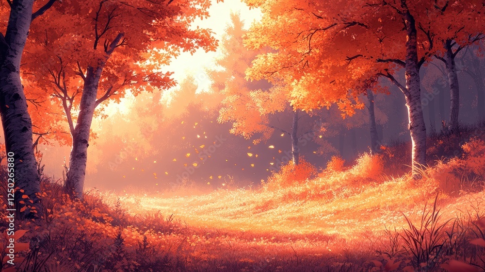 Serene autumn landscape with vibrant orange foliage and gentle sunlight filtering through trees Serene autumn landscape with vibrant orange foliage and gentle sunlight filtering through trees