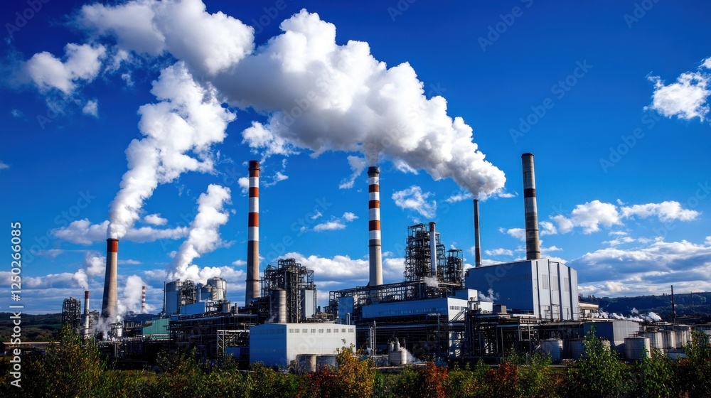 Industrial facility emitting smoke against a blue sky with clouds. Industrial facility emitting smoke against a blue sky with clouds.