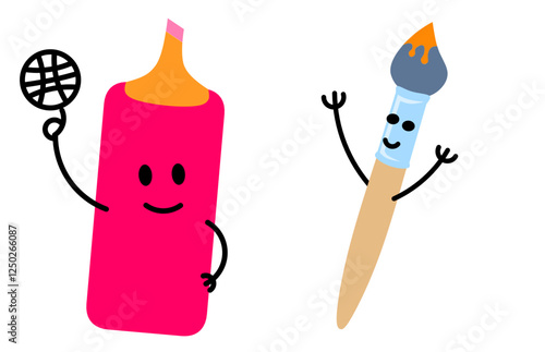 Cute educational supplies characters for school. School stationery mascots with smiling faces, pens, erasers, calculators, magnifying glasses. Fun educational supplies, vector illustration