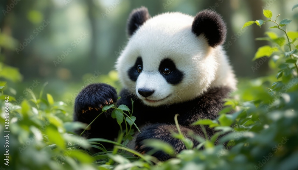 Obraz premium Cute Panda Eating Bamboo in Forest Clearing Adorable Wildlife Moment