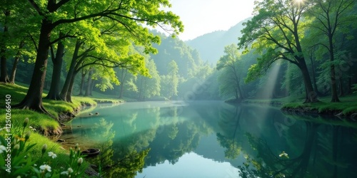 Serene Forest Lake at Dawn Sunbeams Illuminate Tranquil Waters Reflected in Lush Green Foliage