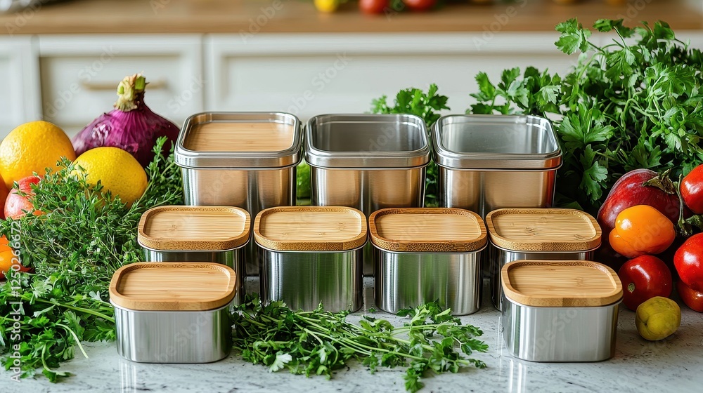 Fototapeta premium Fresh herbs and colorful vegetables surround stainless steel containers in a bright kitchen setting.