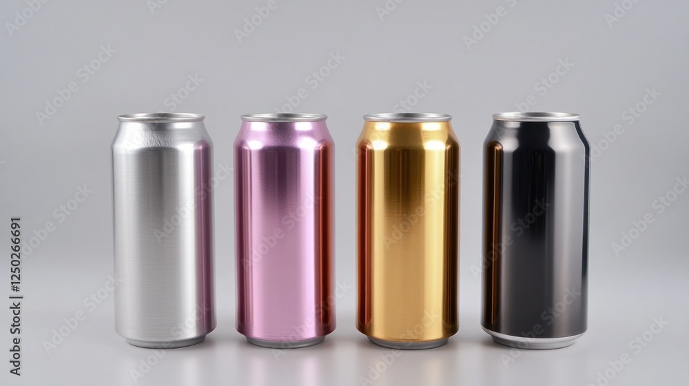 Four Metallic Beverage Cans in a Row: Silver, Pink, Gold, and Black Four Metallic Beverage Cans in a Row: Silver, Pink, Gold, and Black