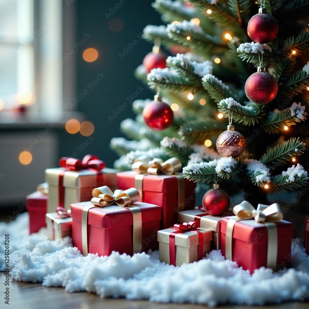 Softly lit presents and decorations surrounding a snow-covered tree, presents, ornaments Softly lit presents and decorations surrounding a snow-covered tree, presents, ornaments