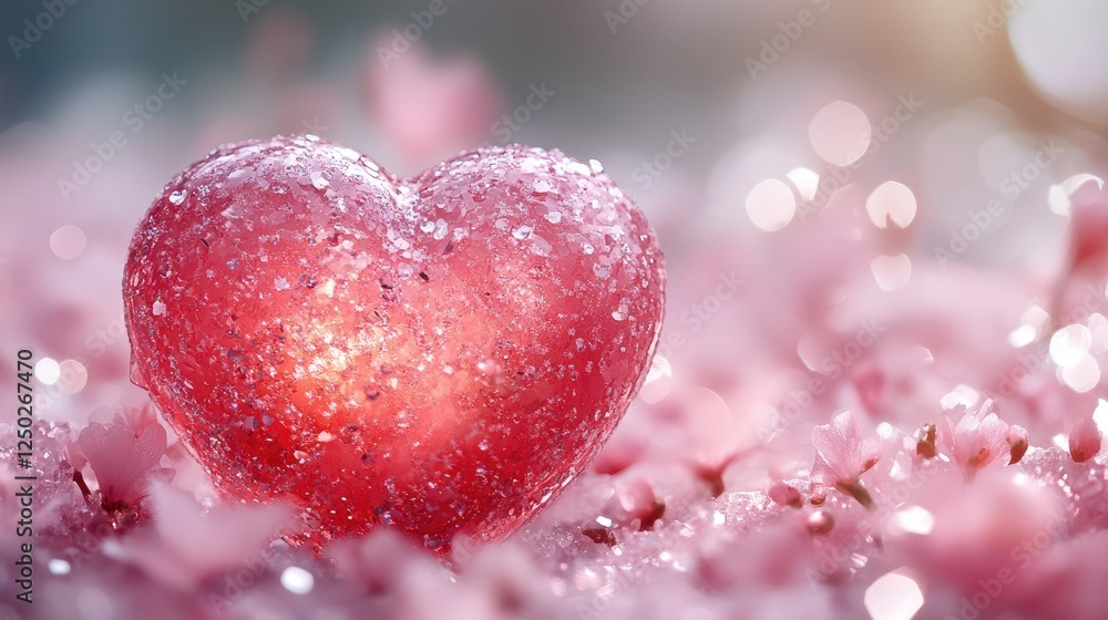 A sparkling red heart-shaped decoration surrounded by delicate pink cherry blossoms, evoking love A sparkling red heart-shaped decoration surrounded by delicate pink cherry blossoms, evoking love