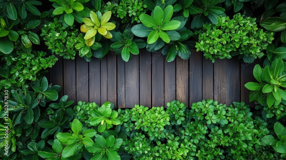 Aerial view of lush green foliage surrounding a wooden pathway in a serene garden setting Aerial view of lush green foliage surrounding a wooden pathway in a serene garden setting