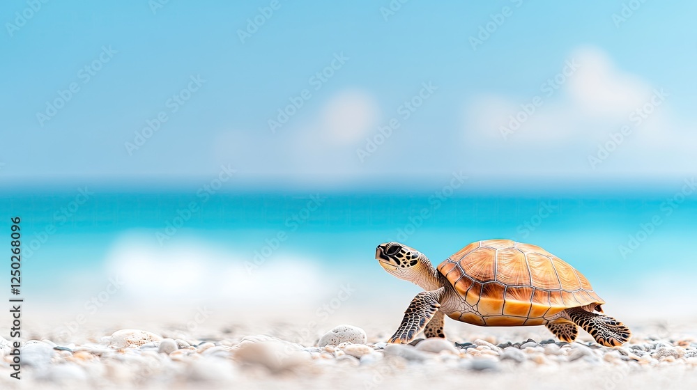 Obraz premium A small turtle crawling on a sandy beach with a serene ocean backdrop and soft waves