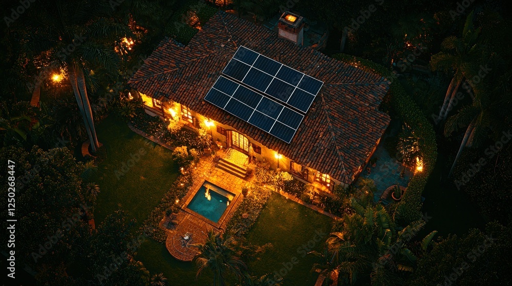 Night aerial view of solar-powered home, pool, garden