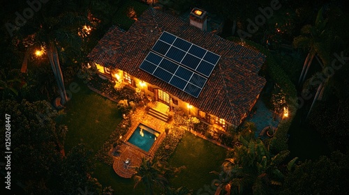 Obraz na płótnie Night aerial view of solar-powered home, pool, garden w salonie