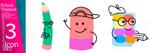Mascot school supplies. Cute cartoon stationery characters, emoticons, cute comic objects, eraser, book, pencil, backpack, vector illustration. Stationery, pencils and educational supplies