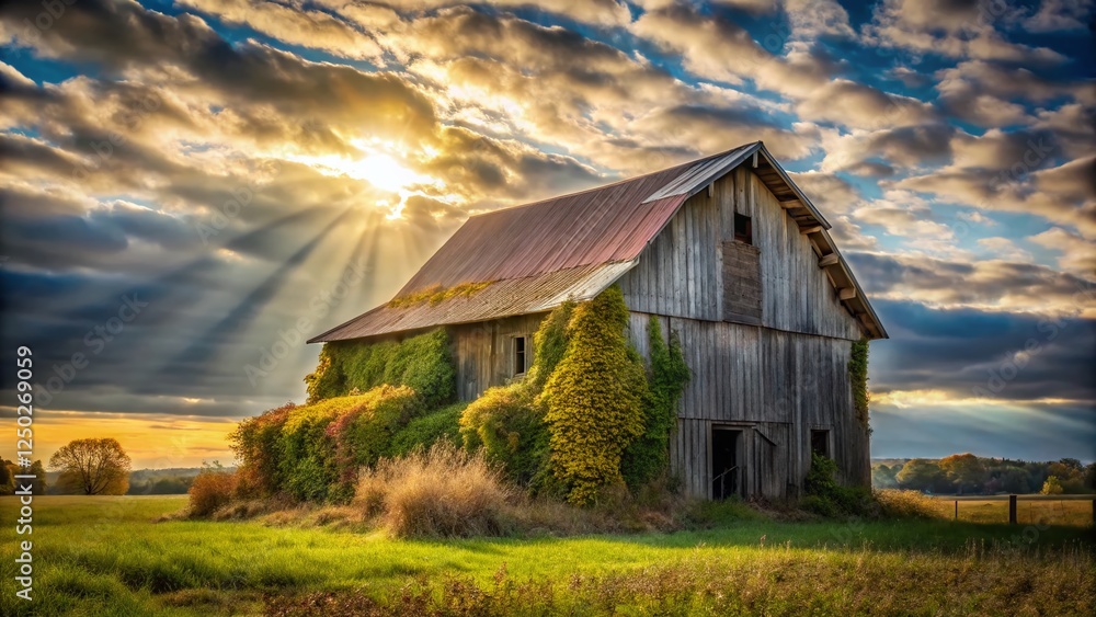 Obraz premium Rustic Barn Farmland Autumn Landscape - Abandoned Building Rural Scene