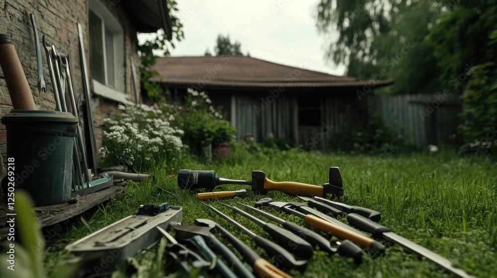 Garden Tools Spread Out on Grass by a House in a Backyard Scene Garden Tools Spread Out on Grass by a House in a Backyard Scene
