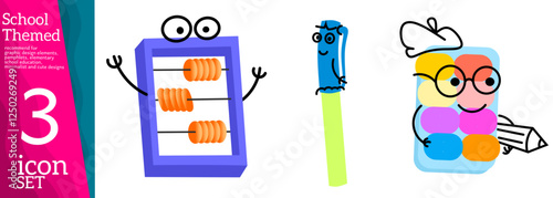 Mascot school supplies. Cute cartoon stationery characters, emoticons, cute comic objects, eraser, book, pencil, backpack, vector illustration. Stationery, pencils and educational supplies