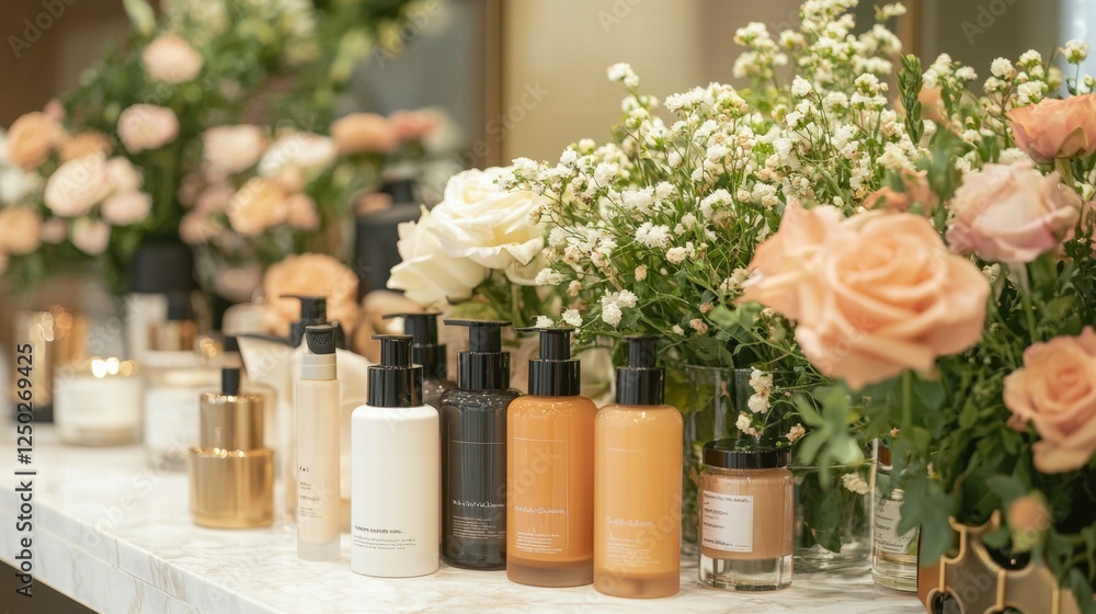Elegant Skincare Display with Flowers on Beautiful Counter Surface Elegant Skincare Display with Flowers on Beautiful Counter Surface