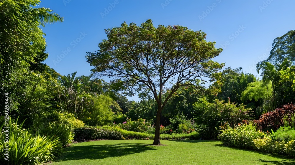 Lush Tropical Garden Scene With A Single Tree Lush Tropical Garden Scene With A Single Tree