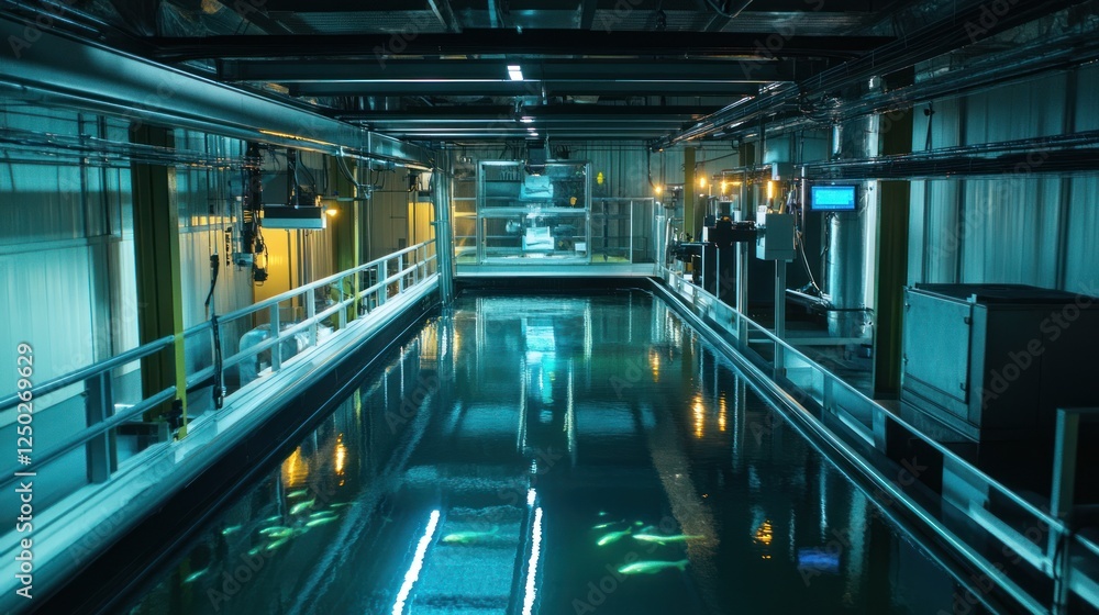 Obraz premium Industrial facility with illuminated water tank and machinery for processing or research.
