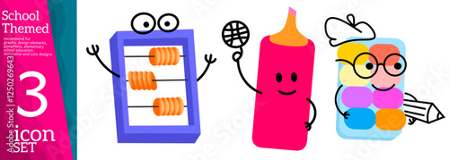 Stationery. Cartoon characters with faces. Friendly company of tools for painting and creating. Back to school, character background template with cute cartoon mascots on white background. Vector