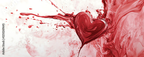 A vibrant heart shape created by red liquid splashes on a white background.
