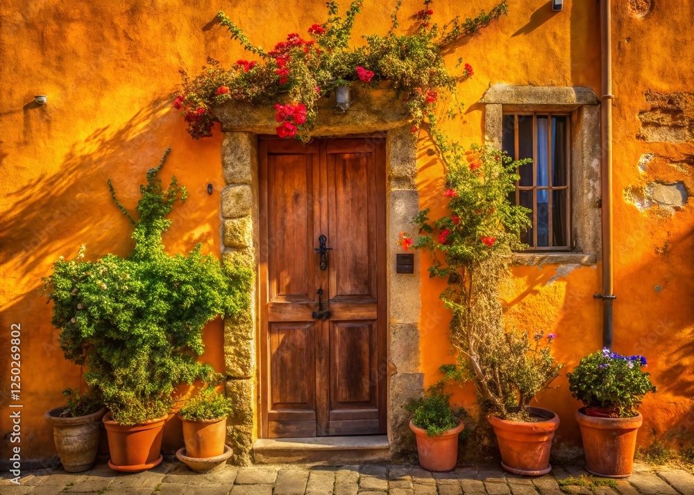 Rustic Italian Farmhouse: Orange Wall, Wooden Door, Sunny Day Rustic Italian Farmhouse: Orange Wall, Wooden Door, Sunny Day