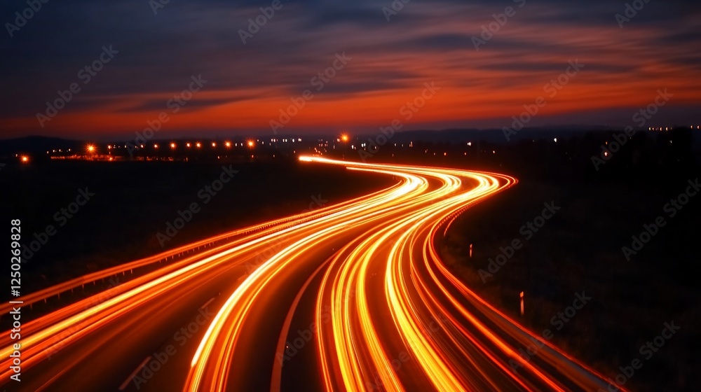 Ethereal trails of incandescent light streak across a twilight highway expanse Ethereal trails of incandescent light streak across a twilight highway expanse