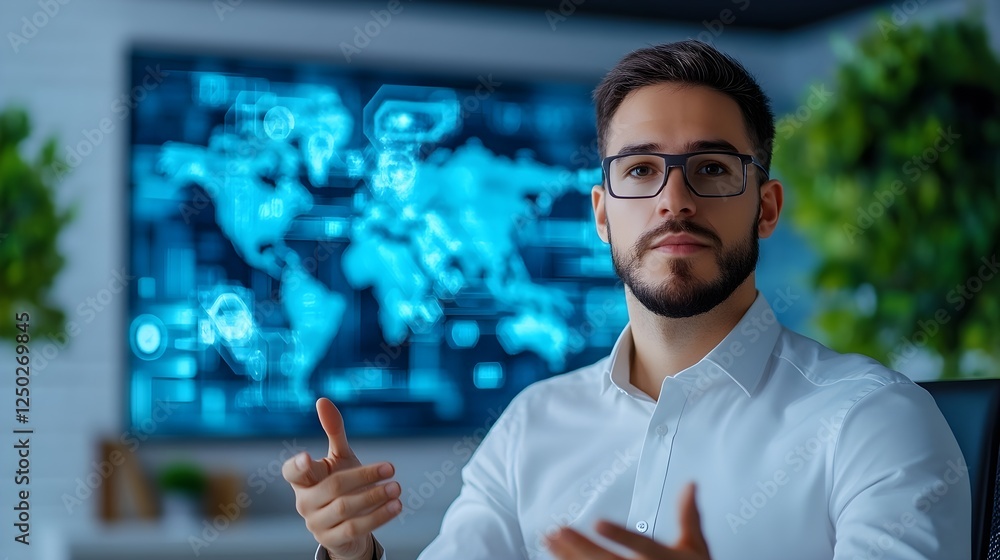 Professional Businessman Presenting Data in Modern Office with Digital World Map and Technology Background for Corporate Marketing and Presentation Purposes Professional Businessman Presenting Data in Modern Office with Digital World Map and Technology Background for Corporate Marketing and Presentation Purposes