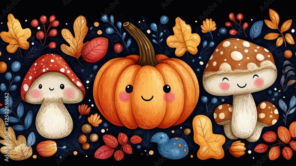Whimsical autumn scene featuring cute mushrooms, a smiling pumpkin, and colorful foliage Whimsical autumn scene featuring cute mushrooms, a smiling pumpkin, and colorful foliage
