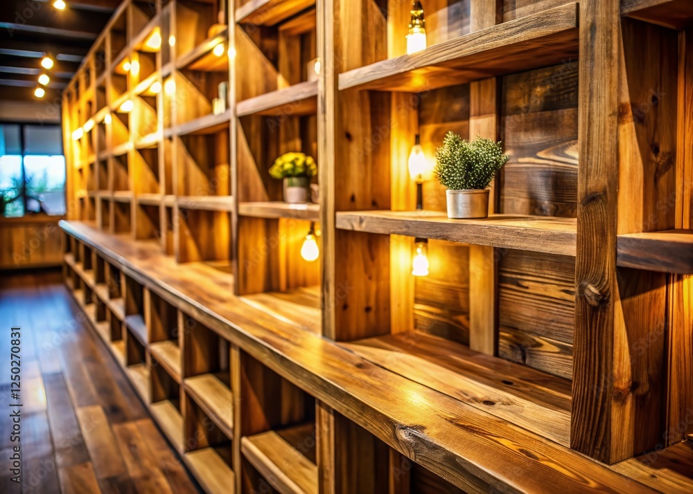 Fototapeta premium Rustic Wooden Shelf Unit with Multiple Shelves - High-Resolution Stock Photo