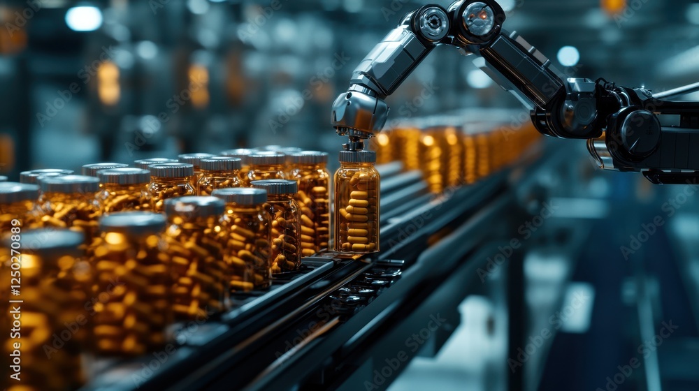 Witness the future of healthcare Robotic arms expertly sorting pill bottles in a pristine, sterile pharmaceutical plant Our innovative pharmaceutical automation seamlessly integrates robots Witness the future of healthcare Robotic arms expertly sorting pill bottles in a pristine, sterile pharmaceutical plant Our innovative pharmaceutical automation seamlessly integrates robots