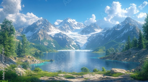 Majestic mountain landscape with a serene lake reflecting snow-capped peaks and lush greenery