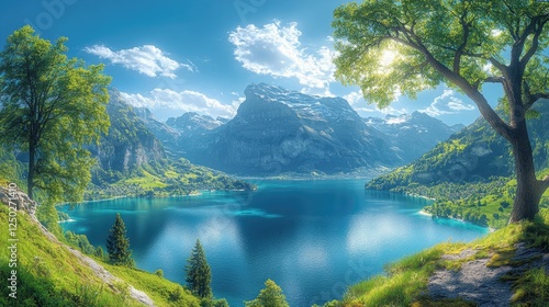 Serene mountain landscape with a tranquil lake, lush greenery, and vibrant sky reflecting nature's beauty